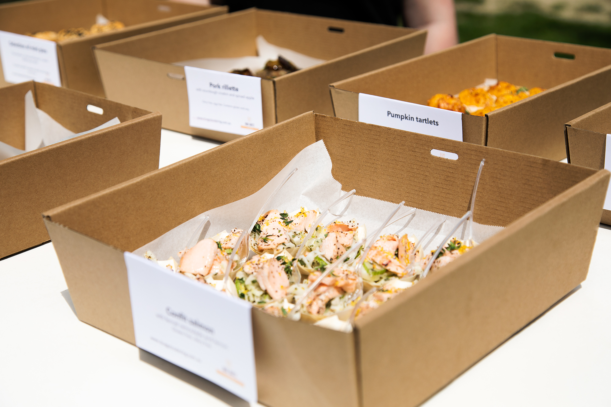 Labelled bio boxes catering setup Brisbane